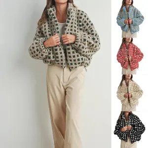 Women Sherpa Fleece Jacket Long Sleeve Zip Up Checkered Fuzzy Cropped Coats Warm Outwear with Pockets
