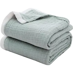 Blankets 4-Layer Linen Texture Blankets for Couch,Thermal for Adults Lightweight Throw for Gauze(50"x60",Sage Green)