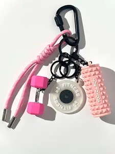 Sports Theme Key Chain Accessories: Keychain Lanyard, Fashionable Mini Barbell And Dumbbell Bag Hanging Accessories, Multi-Functional Hand Woven Rope With Yoga Foam Shaft Design - The Perfect Gift For Fitness Lovers On Any Occasion.