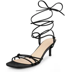 BLISSFUL STEP Knot Lace Up Strappy Square Toe Kitten Heel Sandals