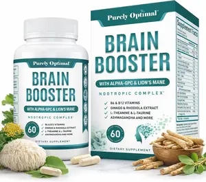Brain Booster Nootropic Supplement for Memory Focus and Mental Clarity with Ginkgo Biloba Alpha GPC Lion’s Mane for Jitter Free Energy Cognitive Support for Adults Seniors 60 Capsules