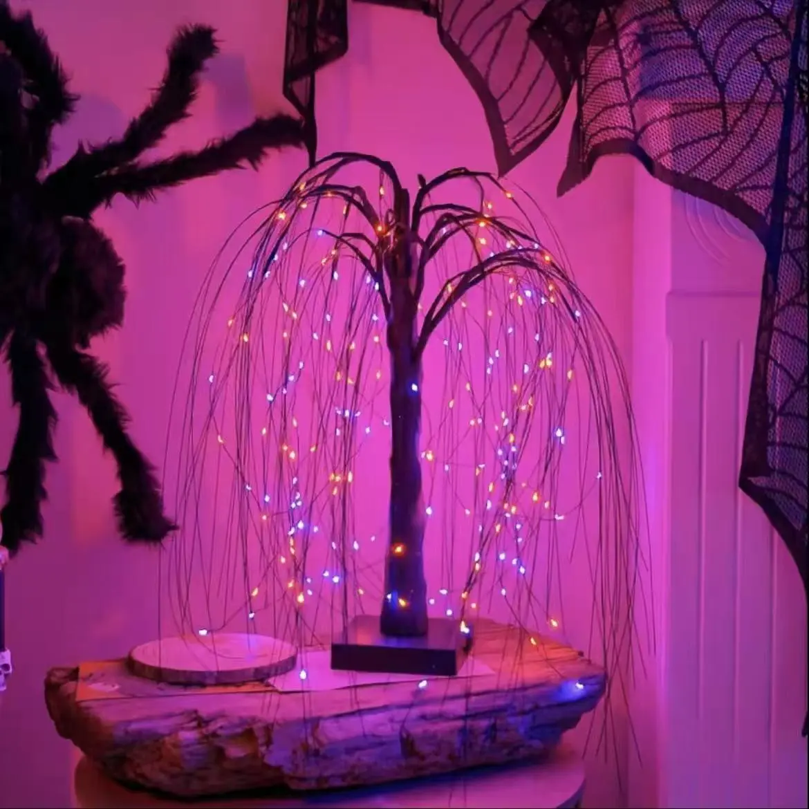 15in Black Space-Saving Halloween Lighted Willow Tree - LED with Orange, Purple Glowing Colors, Festive Decorative Specialty Tree Decor for Haunted House Scene, Mantel, Windowsill, Tabletop Led