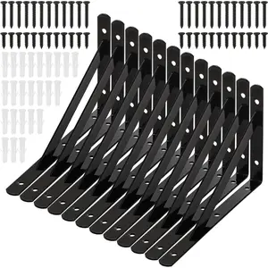 12 Pack Heavy Duty Shelf Brackets, 8 in x 5 in Wall Mount Steel L Shelf Bracket, Angle Brackets for Floating Shelves, Black Metal Powder-Coated