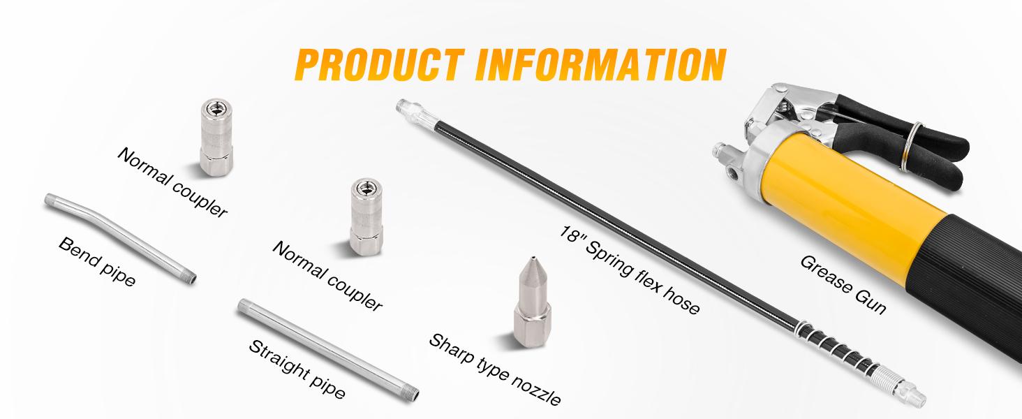 GOOACC Grease Gun 8000 PSI Heavy Duty 14oz Pistol Grip Grease Gun Kit with 18" Spring Flex Hose Sharp Type Nozzle Normal Coupler Rigid Pipe Manual Grease Guns for Greasing Automotive Marine, Yellow