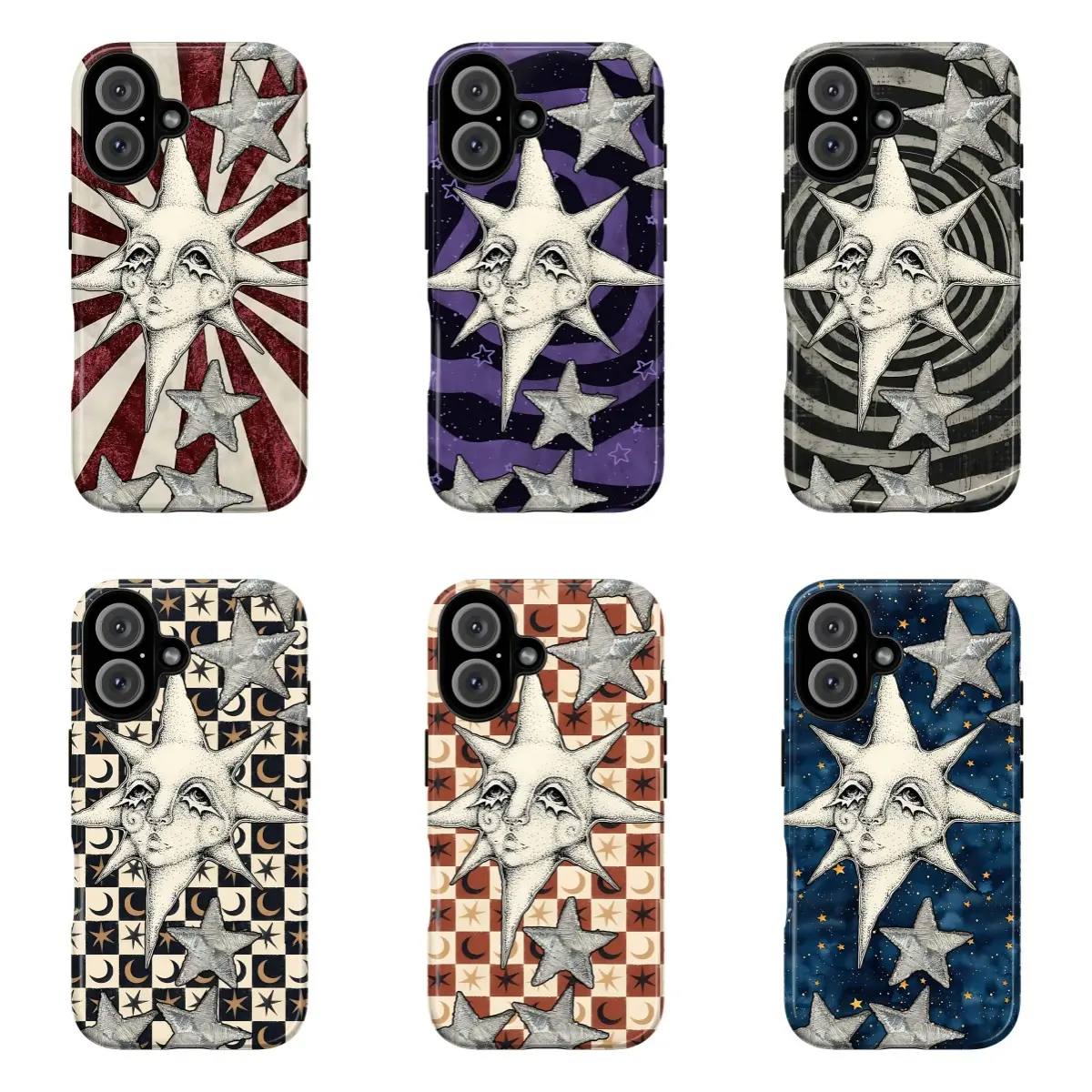 Gothic Mystical Sun Phone Case | Retro Sun Face with Stars on Spiral, Starry & Moon Checker Background Protective Cover For iPhone 17 Pro Max 16 15 14 13 12 11 for Samsung S21 S22 S23 S24 S25 S26 Phone Case