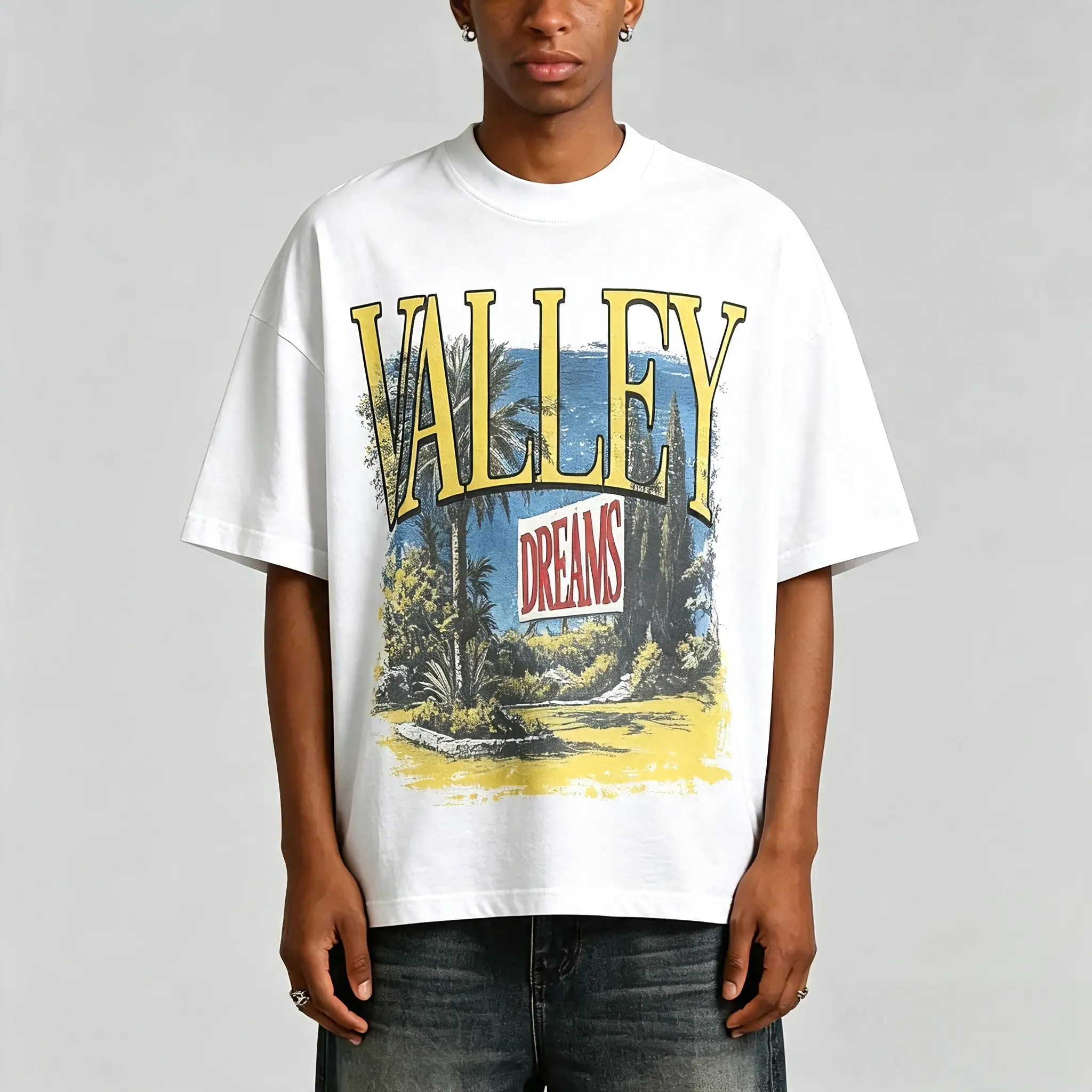 VALLEY Men's Y2K Style Printed (180g Pure Cotton T-Shirt) Pure Cotton T-Shirt - Soft And Breathable, Retro Summer Men's Daily Wear T-Shirt Shipped From USA