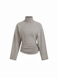 Cider Women's Knit Turtleneck Top - Long Sleeve, Button-Side, Ruched, Cinched Waist