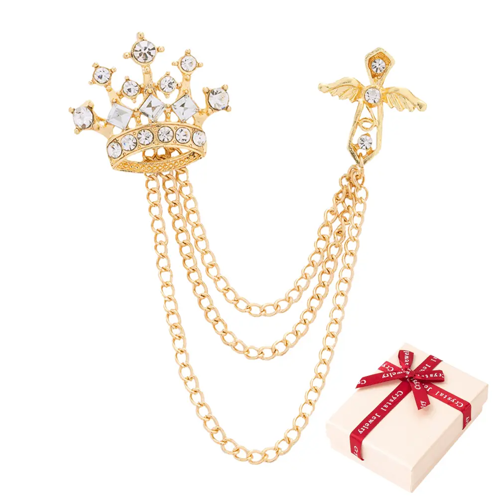 Gold Cross Crown Brooch with Gift Box, Rhinestone Tassel Brooch Pin,Retro Crystal Suit Pins, Long Chain Collar Pin, Coat Tassel Chain Lapel Pins with White Gem for Men's Suit Accessories