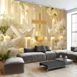 Elegant Religious Photography Backdrop, Dove, Gold Cross, Candle Pattern, Polyester, Wedding Arched Backdrop, Baptism, Easter Party Decor