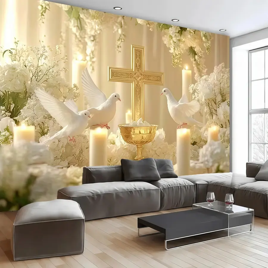 Elegant Religious Photography Backdrop, Dove, Gold Cross, Candle Pattern, Polyester, Wedding Arched Backdrop, Baptism, Easter Party Decor, Wedding Party Decorations