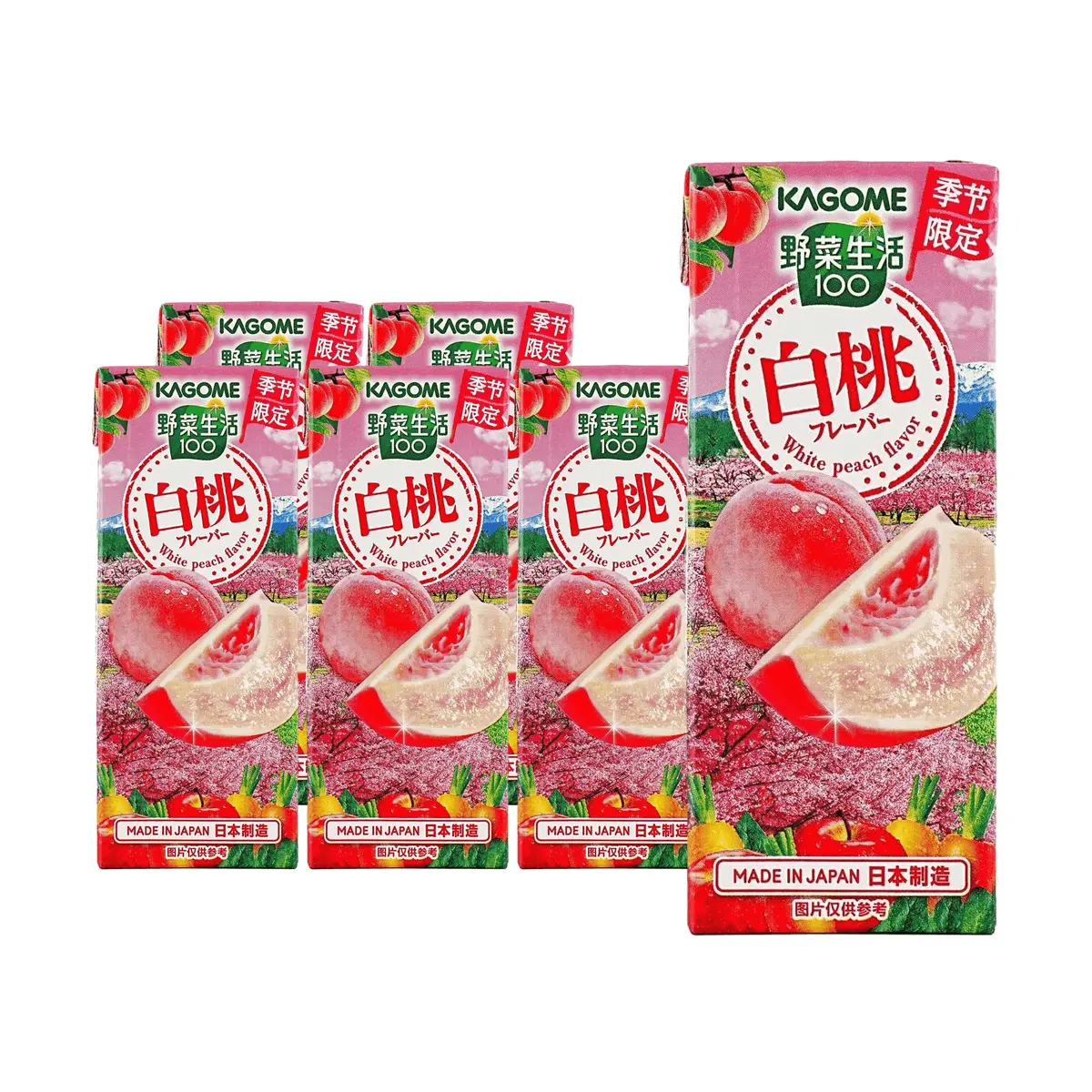 Kagome Vegetable Fruit Juice 100 Carrot Peach Flavor - 195ml x 6 Pack, Over 99% Vegetable & Fruit Content, Dietary Fiber Rich