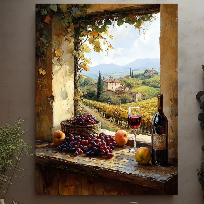 1 Piece Tuscan Vineyard Window View Canvas Wall Art, Wooden Wall Art - Rural Italian Wine and Fruit Still Life, Frame-Free Ready to Hang Kitchen and Dining Room Decoration, Autumn Harvest Scene, Including Grapes, Apples, Wine Bottles, Kitchen Artwork