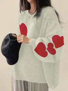 Women's Valentine Heart Drop Shoulder Sweater, Round Neck Lantern Sleeve Loose Knit Pullover, Casual Fall Winter Sporty Style