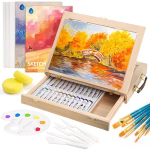 Painting Supplies Set, 49 count Watercolor Painting Kit with Wooden Tabletop Easel, Includes Watercolor Paints, Brushes, Palette, Canvas Panels and Painting Pads, for Artists, Student, Adults,