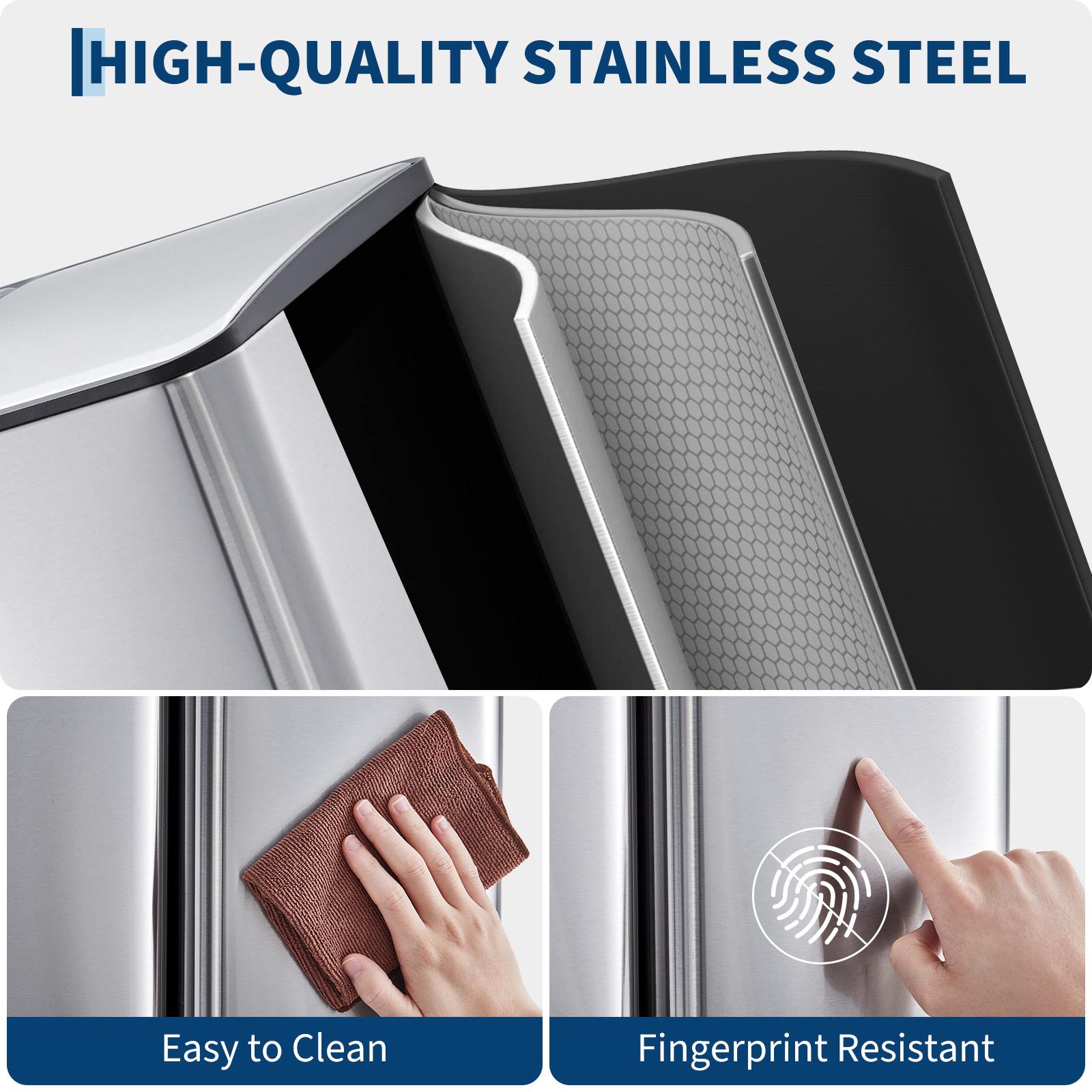16-Gal Triple-Compartment Stainless Steel Recycling Trash Can with Hands-Free Foot Pedal, Lid, Removable Inner Plastic Buckets, Slide Feature, Large Waste Separator for Kitchen & Office