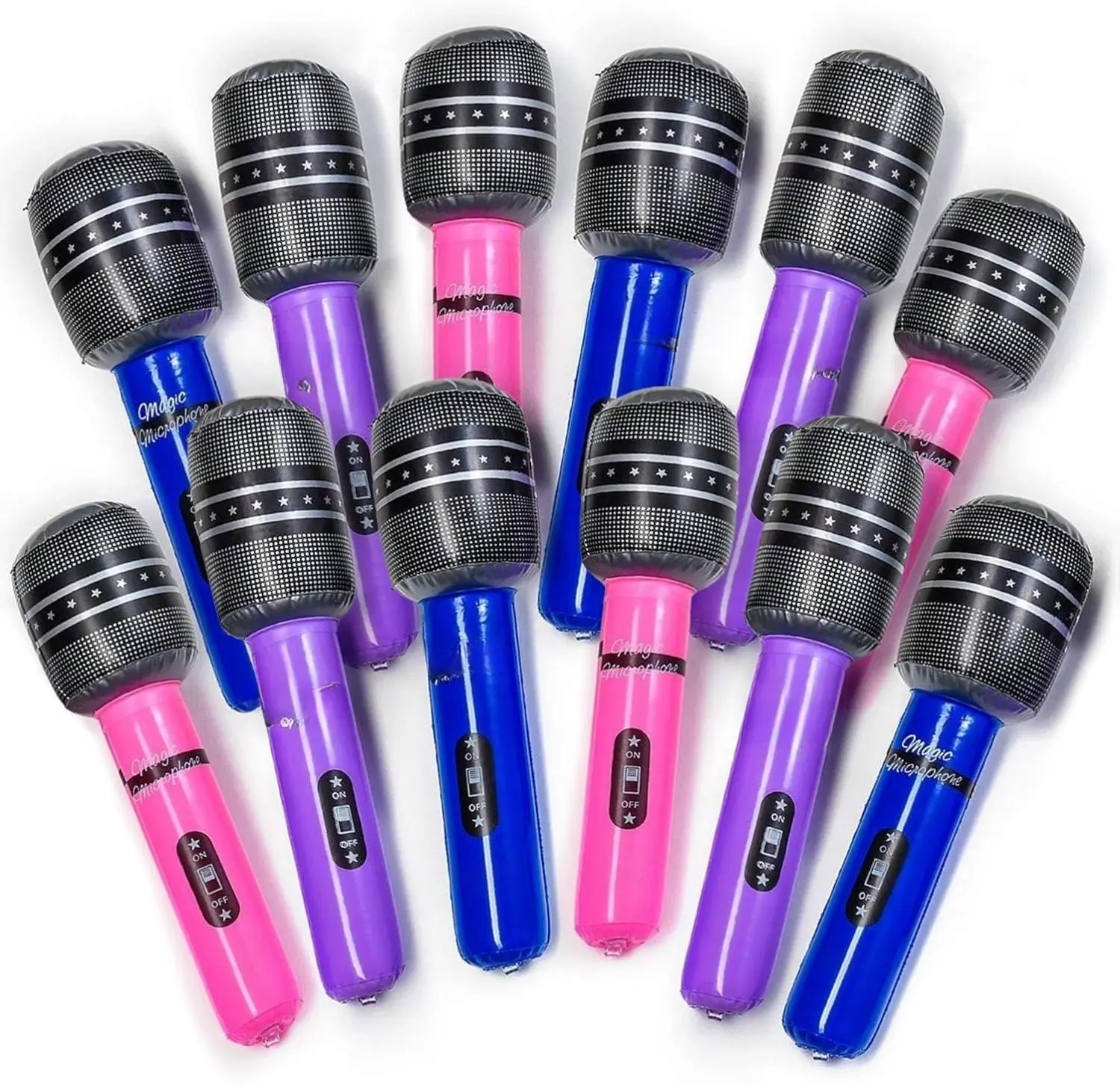 Inflatable Microphones - 12-Pack - 10.5" Vibrant Wireless Mics for Pool Play, Stage Acts, Pretend Play - Ideal Party Favors & Educational Supplies Durable Audio