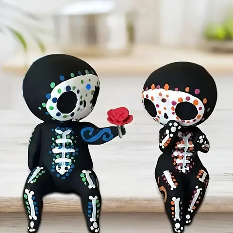 Sugar Skull Couple Collectible Figurines, 1 Set Colorful Romantic Resin Ornament, Decorative Piece, Love Figurines with Rose for Home School Dormitory Decor, Kawaii Desktop Decoration, Figurines For Collectors, Figurines Collectibles, Resin Figure