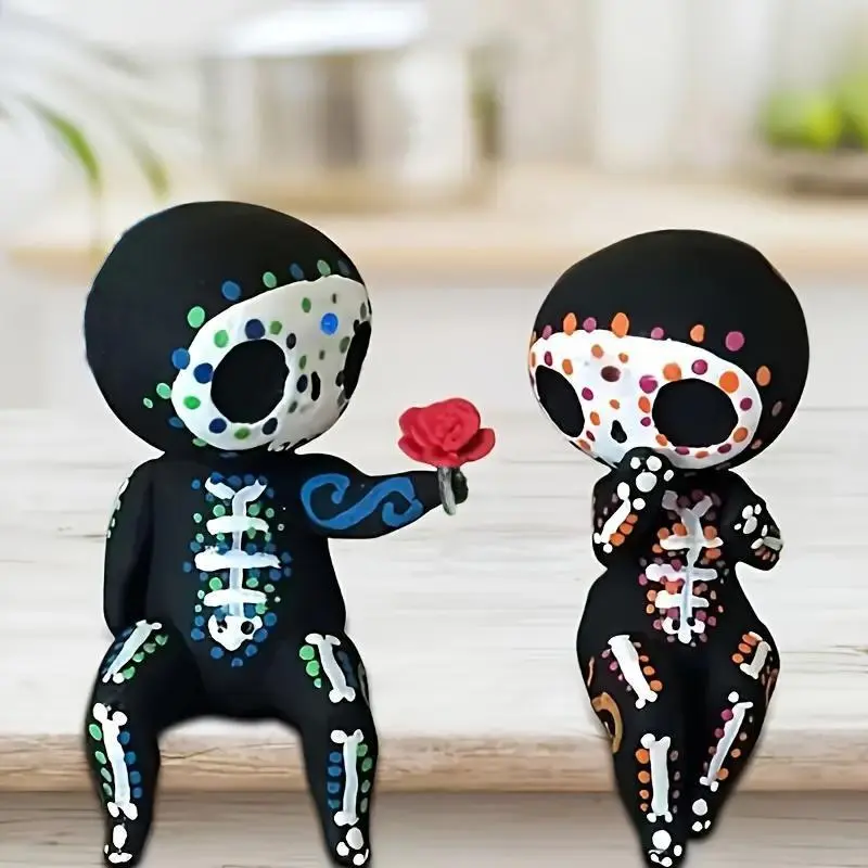 Sugar Skull Couple Collectible Figurines, 1 Set Colorful Romantic Resin Ornament, Collectible Room Decor, Decorative Piece, Love Figurines with Rose for Home School Dormitory Decor, Kawaii Desktop Decoration, Figurines For Collectors, Resin Figure