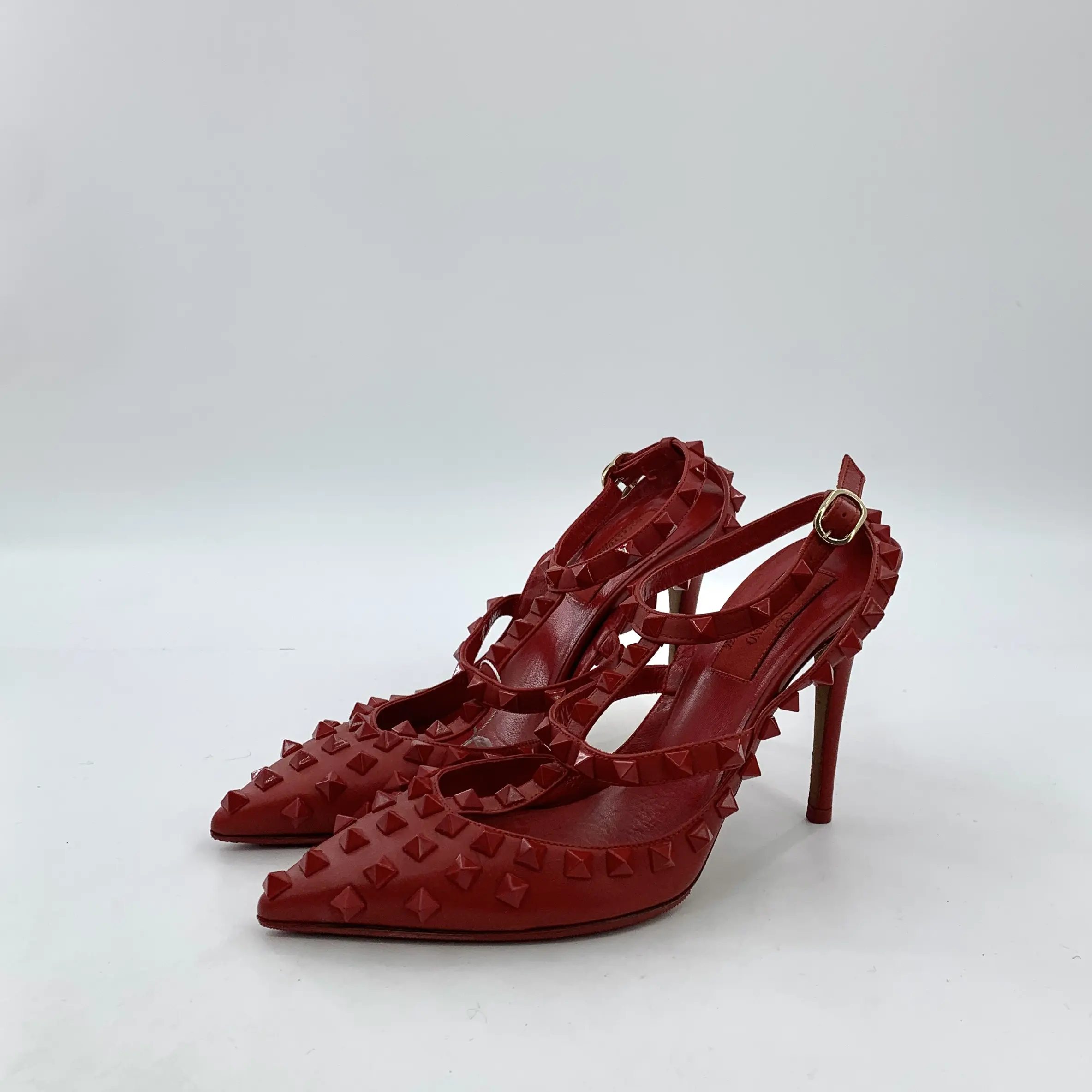RDLTS— Valentino Red Studded Ankle Strap Heels Size US 6.5