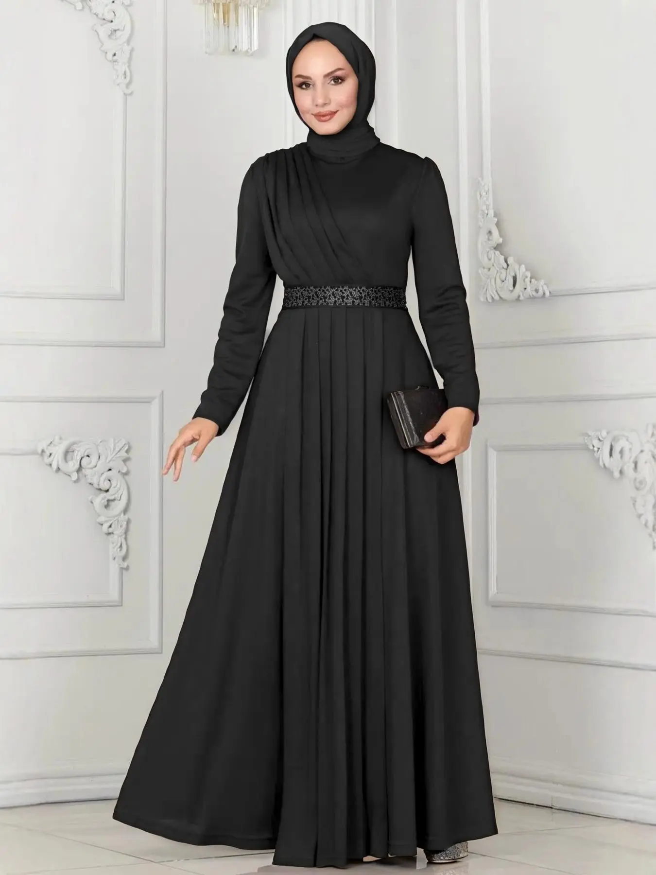 Elegant High-Quality Long Robe Dress for Women, Muslim Modest Evening Dress,  Simple Solid Color Tie Waist Design, Wrinkled Formal Evening Wear, Modest Muslim  Clothing - TikTok Shop
