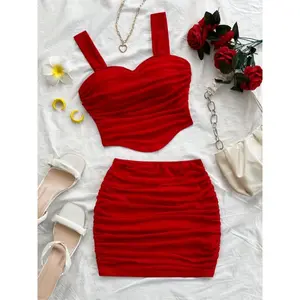 Heart-ShapedNecklineBodysuit&MiniSkirtSet-RedTartanFabricFitCasualSpandexWomen'sWearforValentine'sDayDatesShort【Red】WomenswearClothesSleeveGamisKnitGift