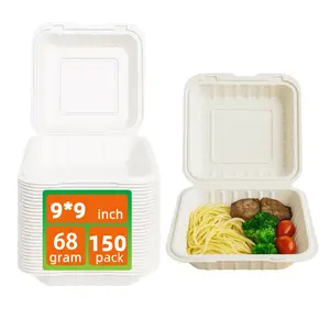 9*9 1-Compartment 150-Pack Plastic Clamshell Food To Go Box Containers Carryout For Sandwich Salad Heavy Duty Disposable Hinged With Secure Snap Lid To Go Containers Microwave and Freezer Safe - Reusable & Disposable Heavy Duty Clamshell Takeout |