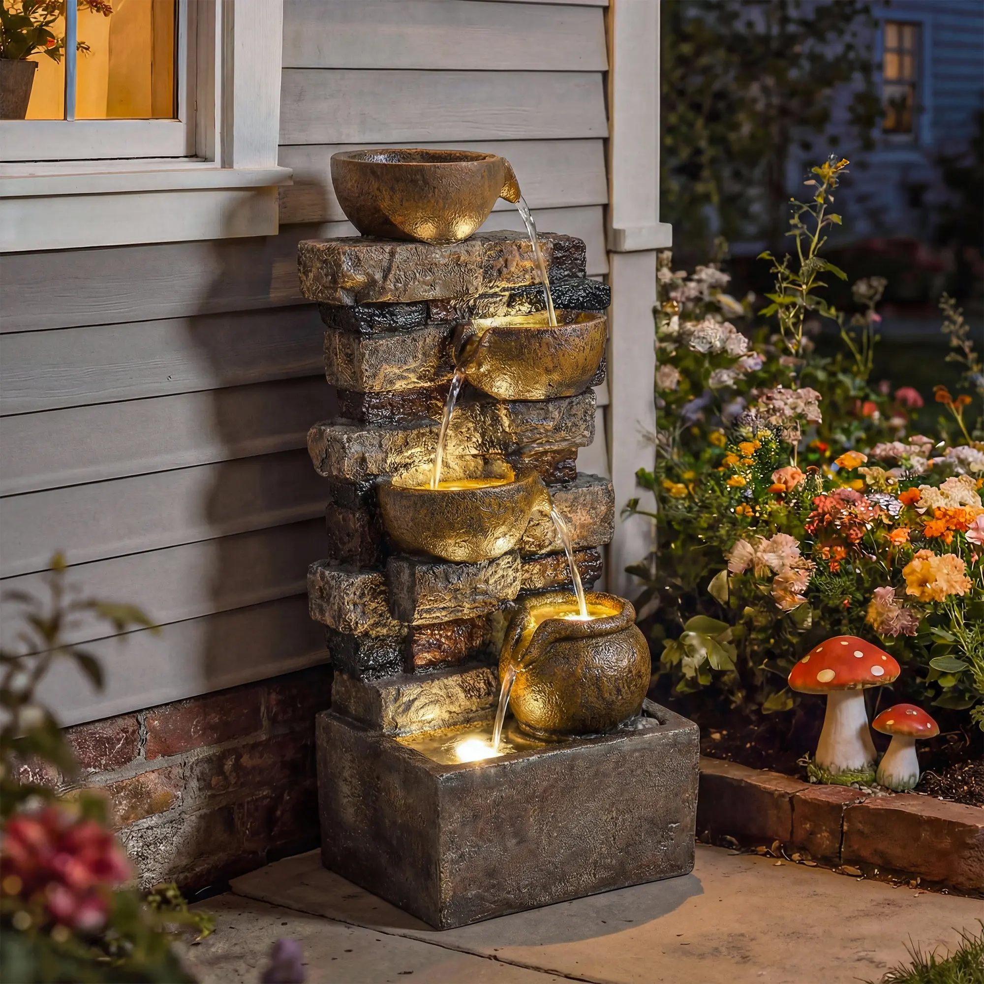 Decorative Garden Fountain with Lights, Rust-Proof Sturdy Resin Outdoor Fountain, Sun-Rain-Wind-Cold Resistant, Long-Lasting Courtyard Exterior Decor, Decorative Garden Fountain With Lights Fountains