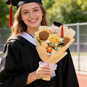 Beautiful Artificial Sunflower Bouquet with Bachelor Cap Doll, Crochet Artificial Flowers, Perfect for Graduation Season, Home Decor, Eternal Flowers Gift