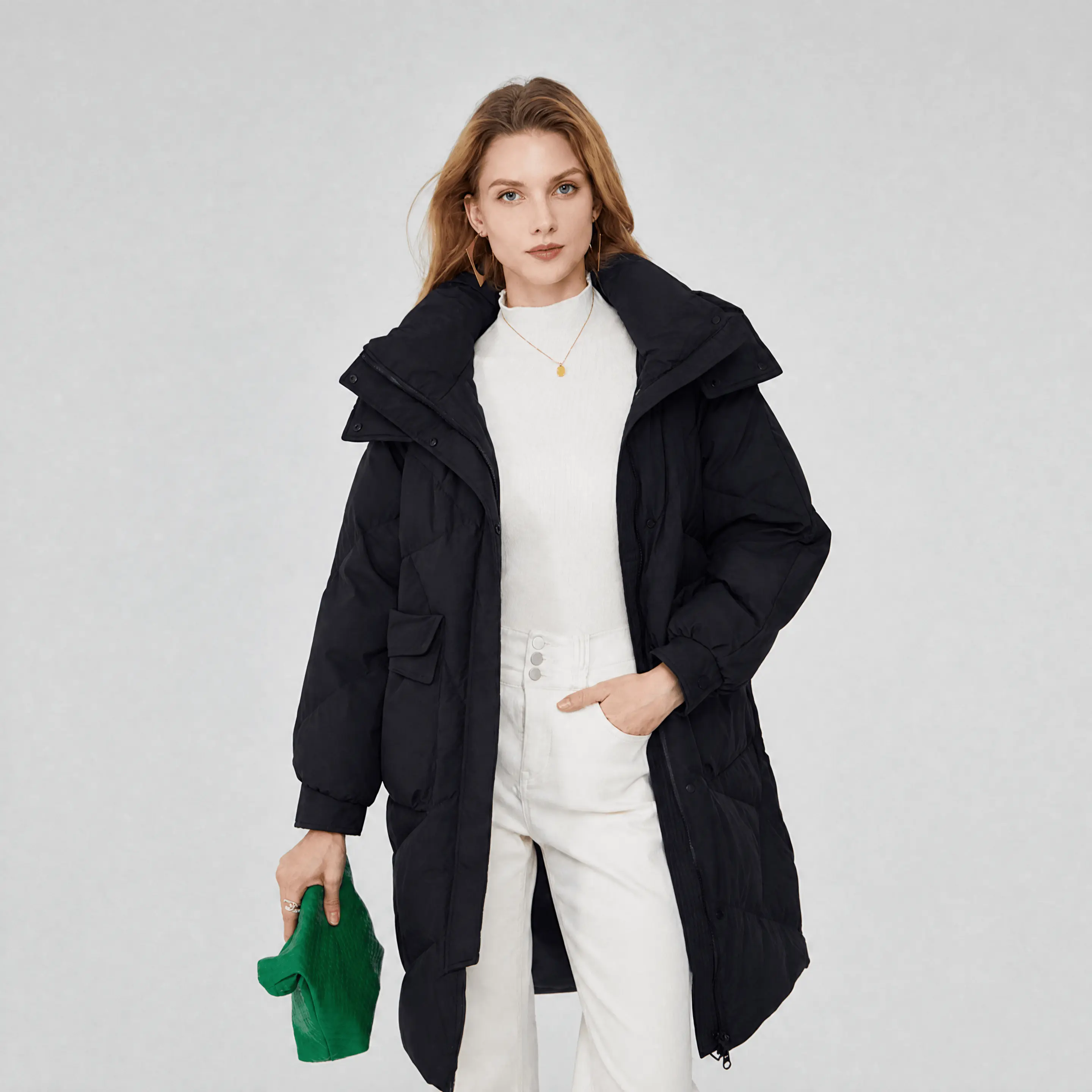 Women's Mid-Length Hooded Puffer Coat, Zip-Up Quilted Winter Outerwear with Large Pockets, Casual Warm Parka for Cold Weather (Multiple Colors Available)