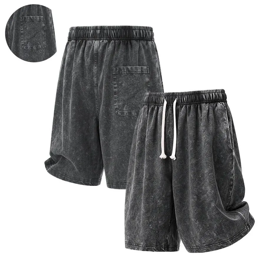 American vintage washed distressed men’s bermuda shorts, smooth, wrinkle-resistant fabric; elastic waistband with contrast drawstring that fits various waist sizes; side pockets + back patch pocket for practical storage; wide, loose fit with a laid-back,