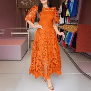 Elegant round-neck hollow lace dress, casual women’s clothing, medium size, can be worn with a raincoat