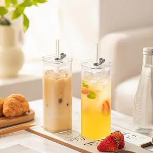8 Pack Clear Square Glass Cups 500ml With Lids Straight Straws Brushes Large Capacity Eco Friendly Drinkware Home Office Daily Drinking Quality Choice For Smoothie Bowl