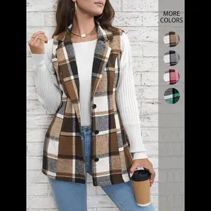 Women's Plaid Print Button Front Vest Coat, Elegant Womenswear Lapel Neck Sleeveless Outerwear, Comfortable Graphic Jackets, Lady Casual Wear Outfit, Winter Clothes Women Fitted Day