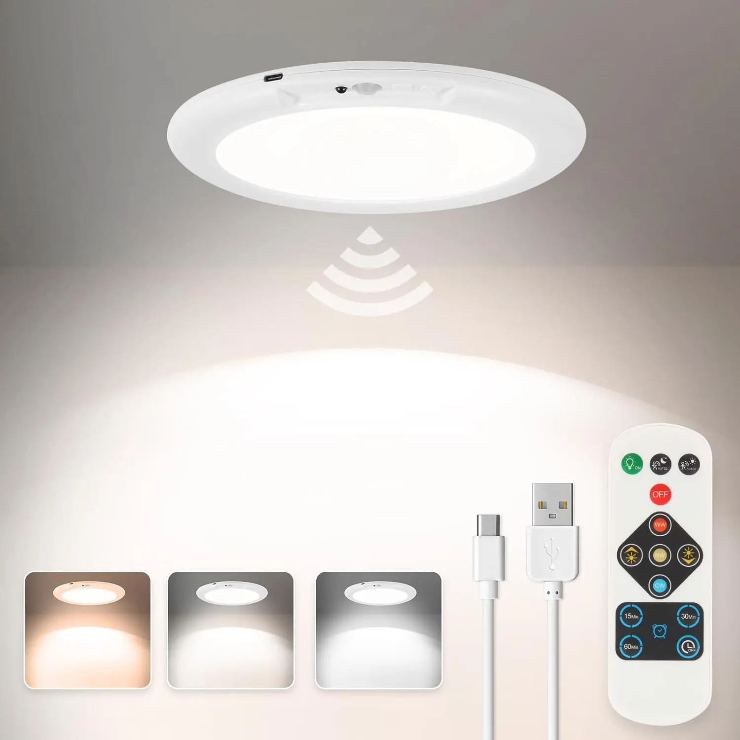Rechargeable Motion Sensor LED Ceiling Light - Battery Operated with Remote & Timer, Ultra Bright Magnetic Wireless USB Rechargeable for Hallway, Pantry, Home Supplies, Led Lights