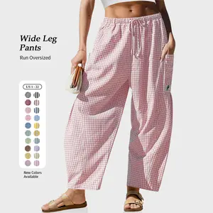 【SS26 Collection】TARSE Womens  Wide Leg Gingham Striped Plaid Pants Casual Barrel Loose Drawstring Low Waist Palazzo Harem Pants with Pockets summervibes