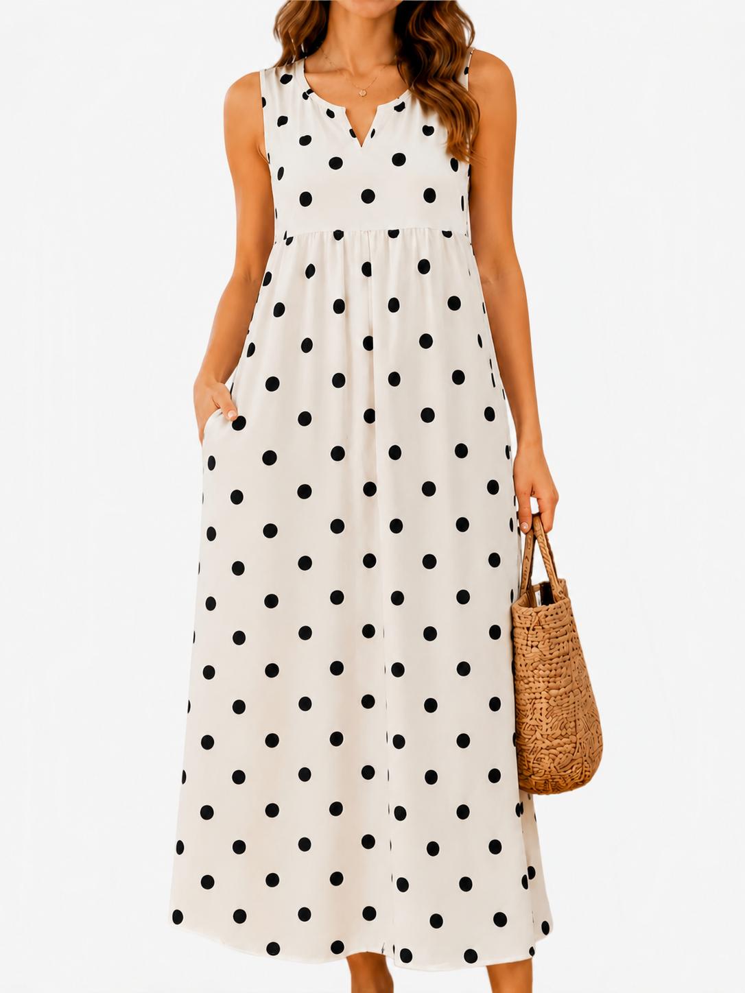 Polka Pockets Long Dress Sleeveless Berry Garden Sleeveless Maxi Dress Casual Summer Vacation Dress Womenswear Fitted Vneck