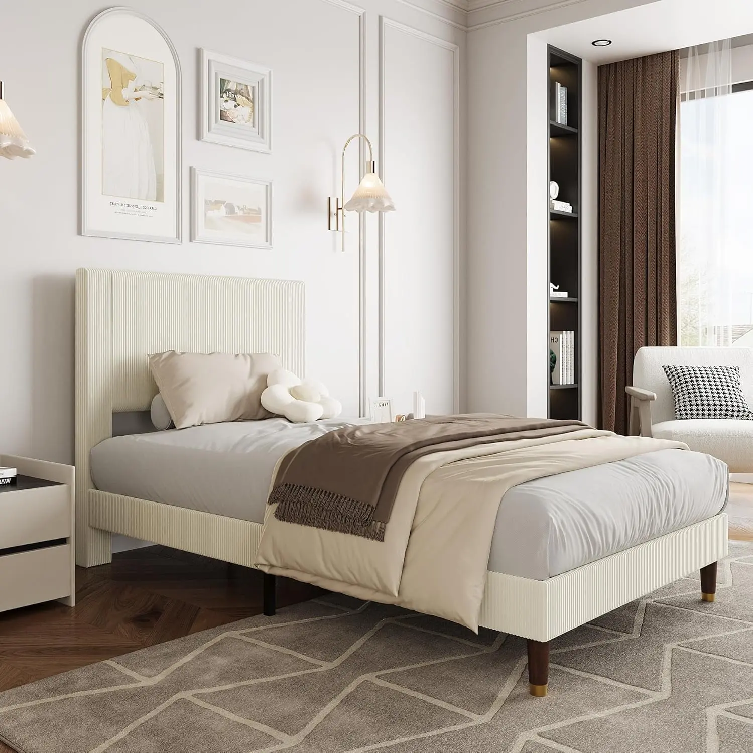 Gaomon Durable Beige Twin Size Corduroy Wrap Upholstered Storage Platform Bed with Wing Side Headboard, 800lb Capacity, Wooden-Metal Slat Support, Non-Slip, Noise-Free, Easy Setup, Assembly Required, No Box Spring Needed