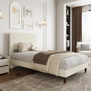 Gaomon Twin Size Corduroy Wrap Upholstered Platform Bed with Wing Side Headboard, Wooden-Metal Slat Support, Non-Slip, Noise-Free, Easy Assembly, No Box Spring Needed, Beige, 800lb Capacity