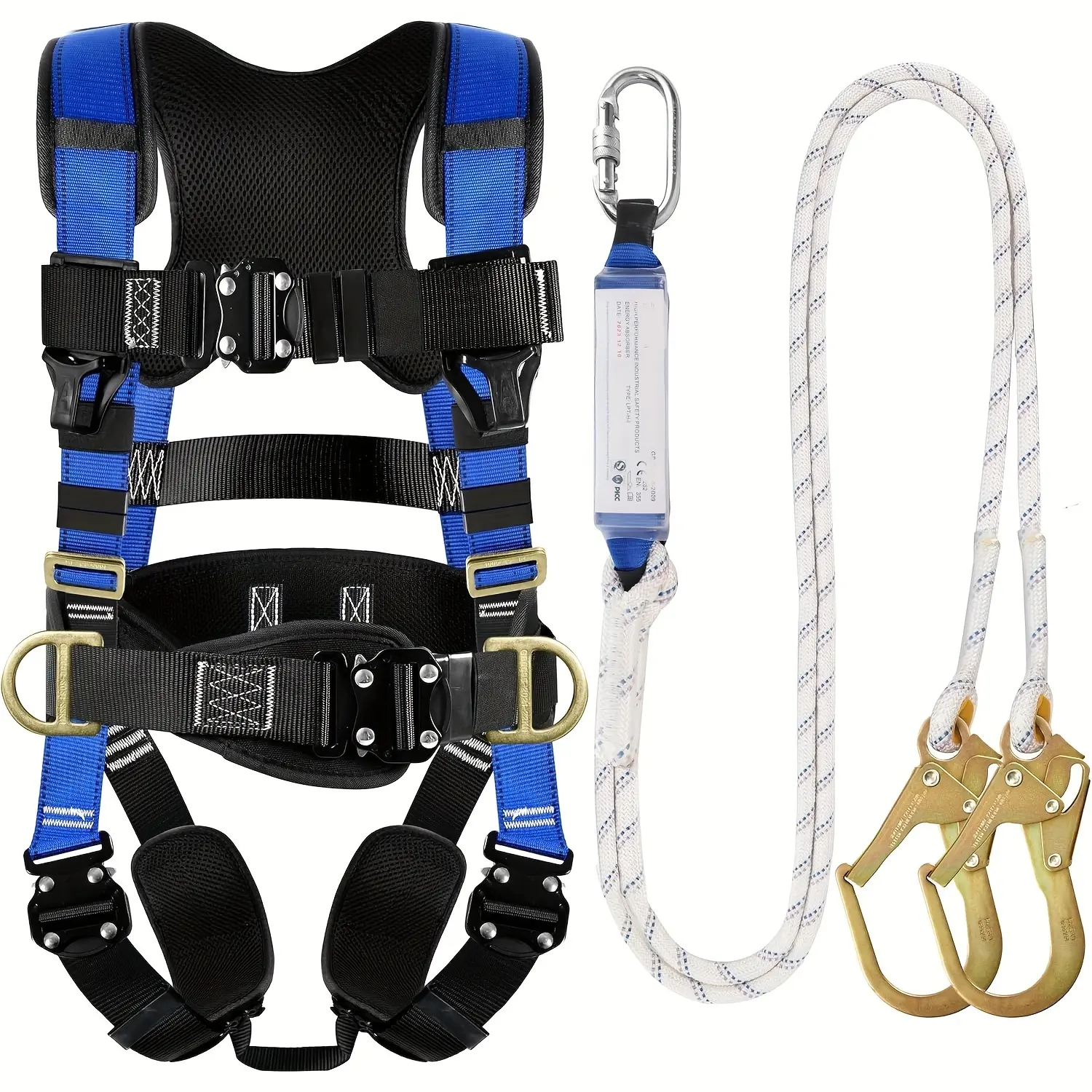 High Visibility Durable Construction Safety Harness Kit - 4 Quick Buckles Vest, Adjustable Straps, Rope Lanyard, Black & Blue, for Work, Roofing Projects (Sports & Outdoor Reflective Gear), High Visibility Safety Harness Kits