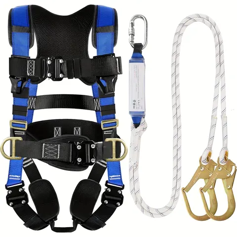 Adjustable Reflective Full Body Safety Harness Vest Kit with Adjustable Strap, 4 Quick Buckles, Rope Lanyard - Safetyequipment for Men’s Roofing Projects, Construction Fall Protection