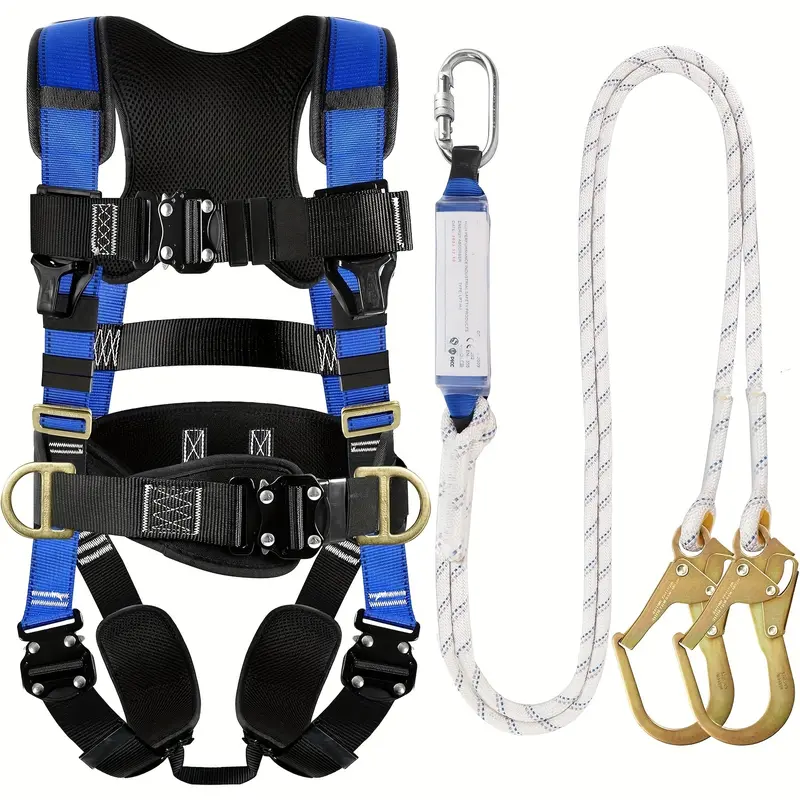 Adjustable Reflective Full Body Safety Harness Vest Kit with Adjustable Strap, 4 Quick Buckles, Rope Lanyard - Safetyequipment for Men’s Roofing Projects, Construction Fall Protection
