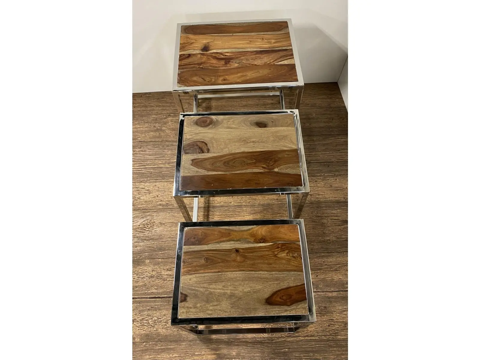 212 MAIN 3-Piece Rustic Modern Nesting Outdoor Tables Set, Rectangular Stainless Steel Frames with Natural Grain Wood Tops, 20.5x16x20 in (Model 387689), Nesting Set