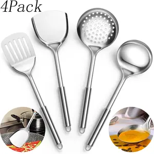 4 Pack Stainless Steel Cooking Utensils Set,include Spatula,Ladle,Slotted Spoon,Slotted Spatula,Heat Resistant Kitchen Utensils Set,Dishwasher Safe,Ideal for Wok, Grilling, and Gifting