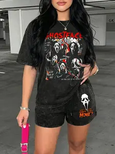 Women's Casual Two-Piece Set, Ghost Face Print, Vintage Street Style, Washed Fashion, Perfect for Holidays, Travel, Beach, Surfing
