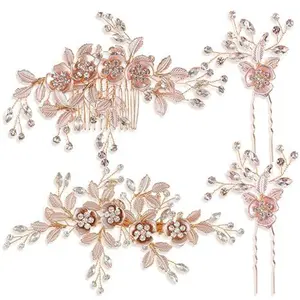 4 Pieces of Elegant and Luxurious Wedding Hair Clips - Handmade Bridal Hair Clips with Pearl Imitation, Floral Leaf Design, Pink, Perfect for Women's Wedding Hair Accessories