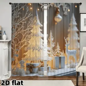 2D Flat 2Pcs Christmas Tree Reindeer Pattern Curtains Elegant Winter Holiday Gift Box Design Rod Pocket Style Semi Sheer Polyester Fabric Nordic Suitable for Living Room Bedroom Kitchen Window Treatment Darkening Home Decor