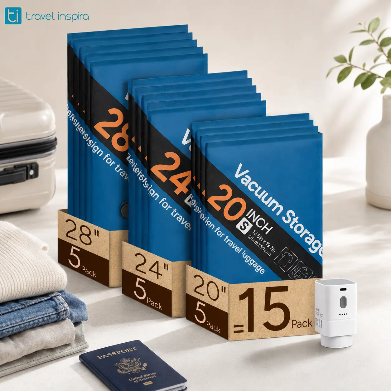 Travel Inspira 15 Pack Vacuum Compression Bags, 2026 Upgraded Oxford Cloth Space Saver Bags for Summer Travel, Privacy Protection Reusable Waterproof Packing Bags, 3 Sizes Fit 20/24/28" Luggage, Mid-Year Deal, summerwins