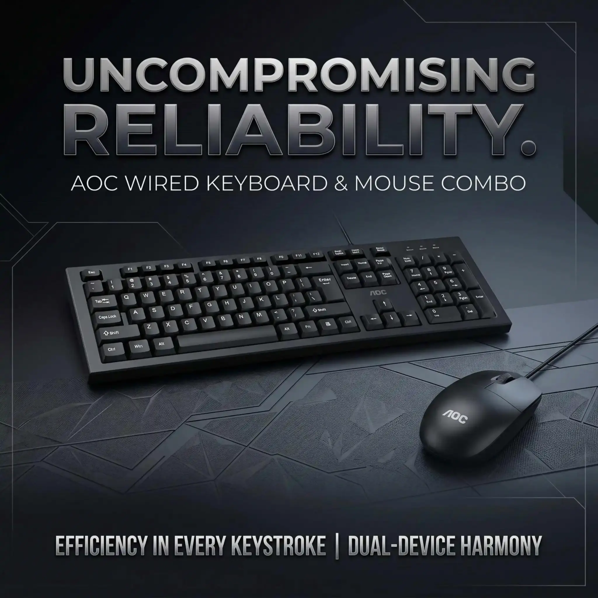 AOC Wired Keyboard and Mouse Combo, 104-Key Full-Size Keyboard with 5M Keystrokes, 1000 CPI 3-Button Mouse with 2M Clicks, 1.5m Cable Plug & Play Set for PC, Laptop, Office, Home