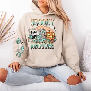 Spooky Turquoise Gildan hooded Sweatshirt with Sleeve design unisex sizing womenswear comfortable soft Casual Pullover Tops Fabric Pocket Mint Green Green Spandex Cotton