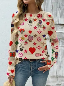 Women's Geometric Print Round Neck Sweater, Casual Long Sleeve Knitwear for Fall Winter, Comfortable Warm Daily Wear